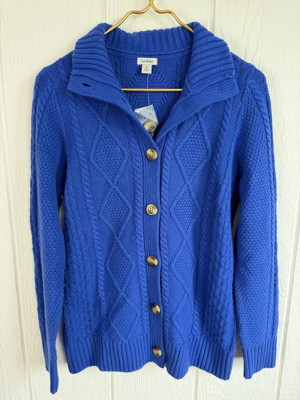 NWOT L.L. Bean Fisherman Sweater Womens Med Blue Cableknit Merino Wool Ribbed
